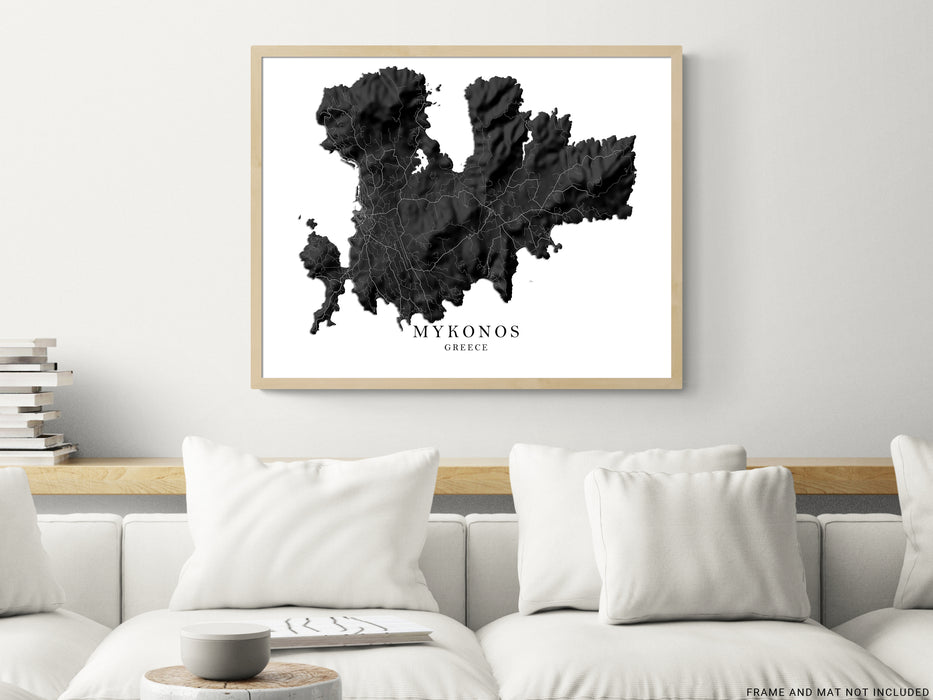 Mykonos Greek Islands Map Print Poster, Black and White Topographic Greece Island Wall Art Prints, Chora Town Cyclades