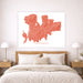 Map of Mykonos on a wall above a bed in a bedroom setting