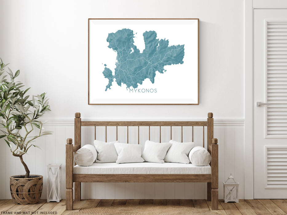 Mykonos Greece island map print with a 3D topographic design by Maps As Art.