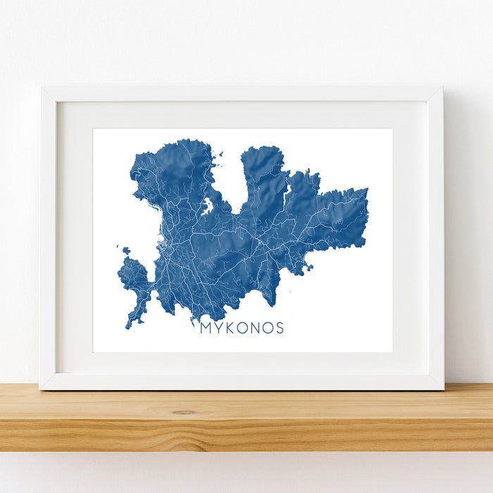 Framed map of Mykonos on a white wall