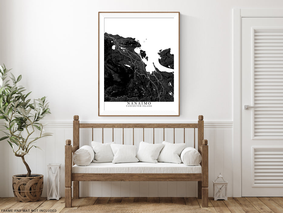 Nanaimo Vancouver Island BC Canada city map print with a black and white design by Maps As Art.