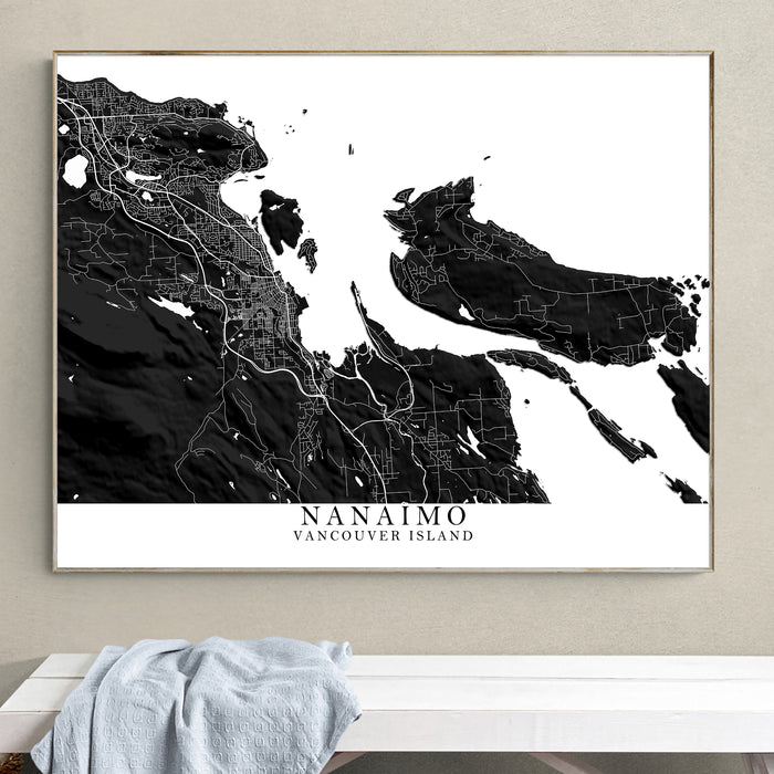 Nanaimo City Street Map Print: Black and White Wall Art Poster, Vancouver Island BC Canada