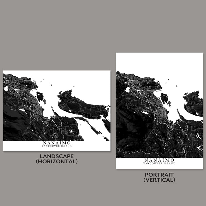 Nanaimo City Street Map Print: Black and White Wall Art Poster, Vancouver Island BC Canada