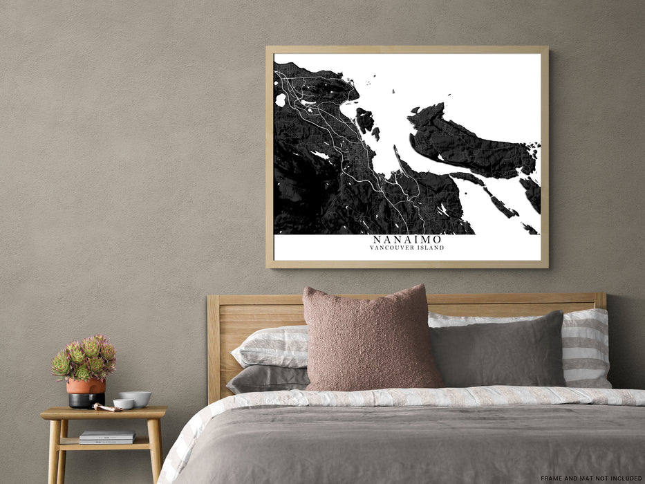 Nanaimo Vancouver Island BC Canada city map print with a black and white design by Maps As Art.
