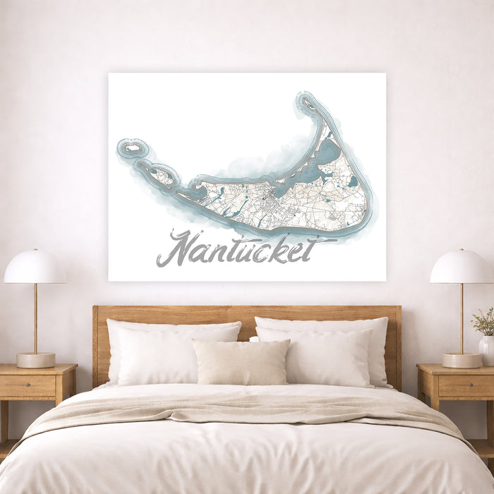 Map of Nantucket on a wall above a bed in a bedroom setting