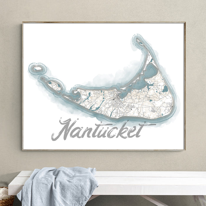 Framed map of Nantucket on a wall above a white bench.