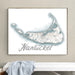 Framed map of Nantucket on a wall above a white bench.