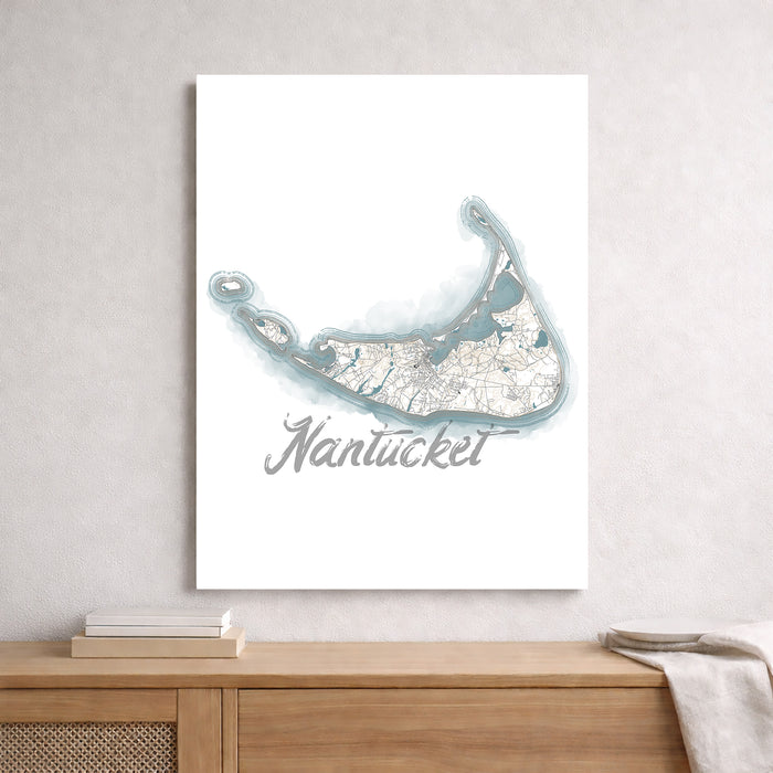 Map of Nantucket on a white wall above a wooden shelf.