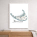 Map of Nantucket on a white wall above a wooden shelf.