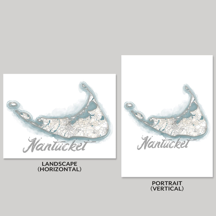 Two map illustrations of Nantucket on a gray background, one landscape and one portrait.
