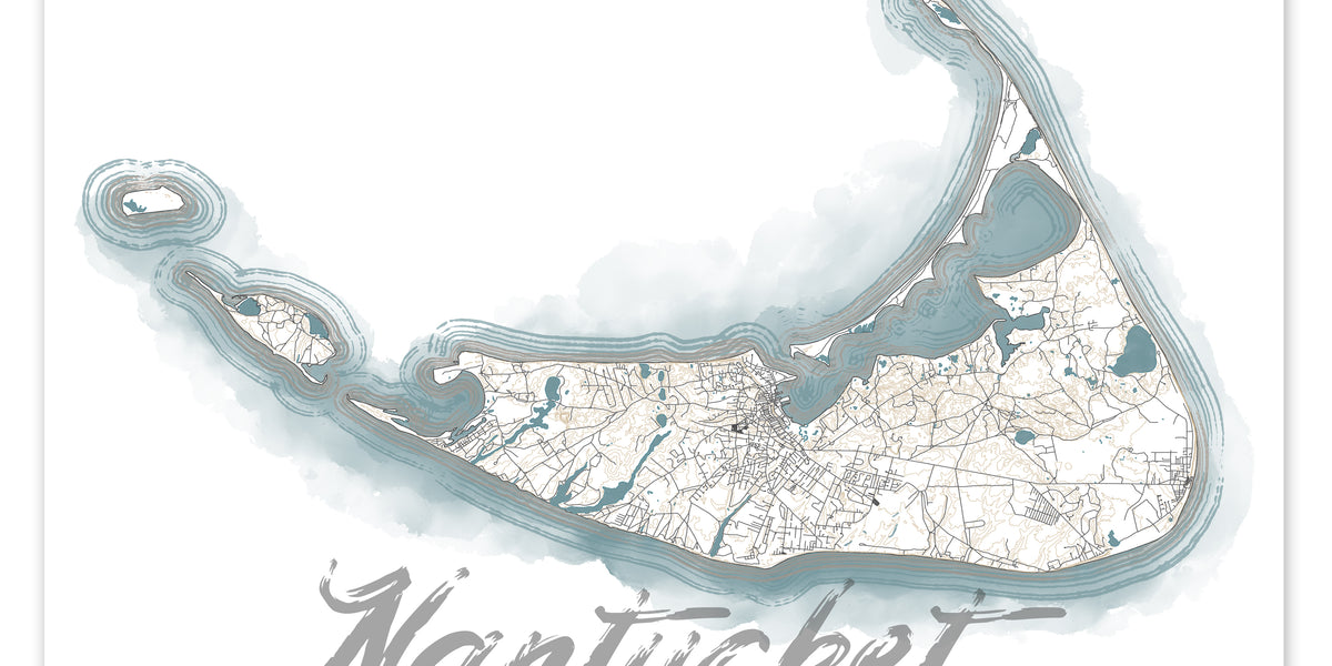 Bla Map Nantucket Island Map Watercolor Style Coastal Decor Design Wall Art Pr ...