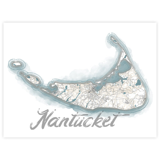 Map of Nantucket with a light blue outline on a white background