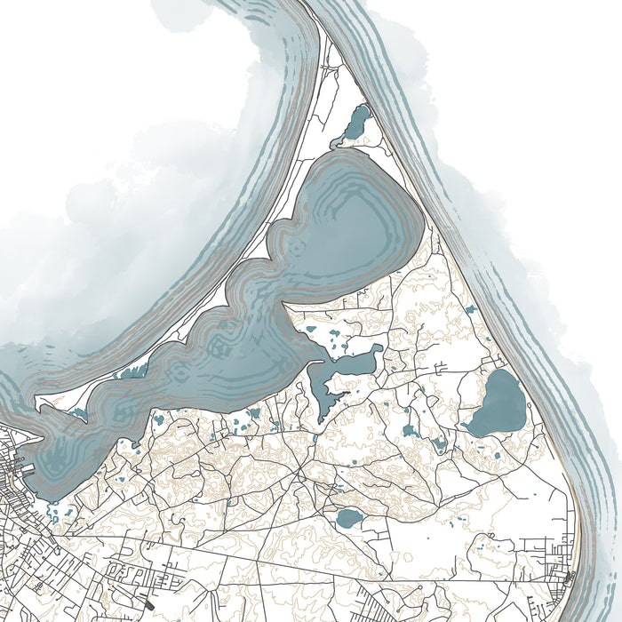 Topographic map with water bodies and urban layout