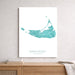 Map of Nantucket, Massachusetts on a white background, displayed on a wall above a wooden shelf.