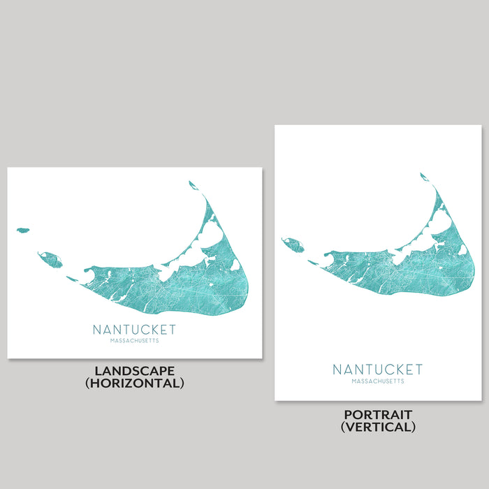 Two Nantucket island maps, one landscape and one portrait, on a gray background.