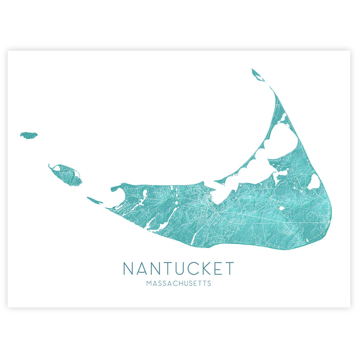 Map of Nantucket, Massachusetts in teal color on a white background