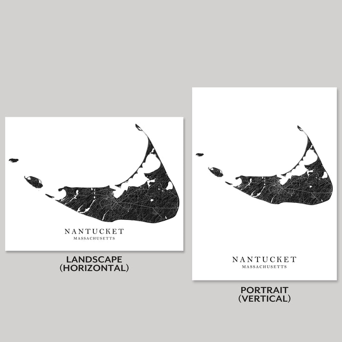 Two black and white maps of Nantucket, Massachusetts, one landscape and one portrait orientation, on a gray background.