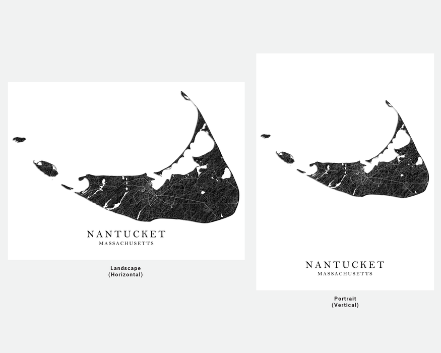 Nantucket island Massachusetts map print with a black and white topographic landscape design by Maps As Art.