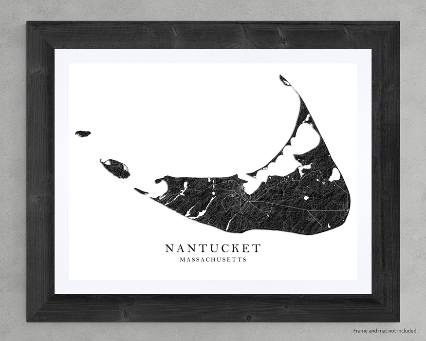 Nantucket island Massachusetts map print with a black and white topographic landscape design by Maps As Art.