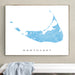 Framed map of Nantucket on a wall above a bench.