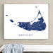 Framed map of Nantucket on a wall above a white bench.