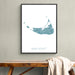 Framed map of Nantucket on a wall above a wooden bench.