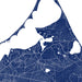 Map of a coastal area with roads and water bodies in white on a blue background