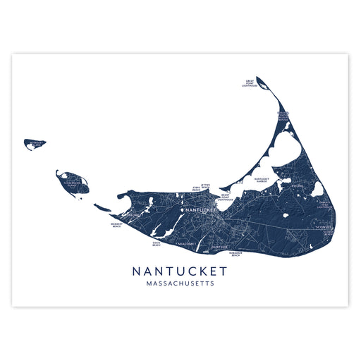 Map of Nantucket, Massachusetts with labeled areas on a white background