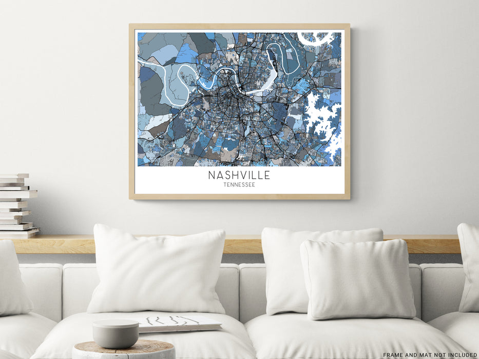 Nashville map print in a blue geometric design by Maps As Art.