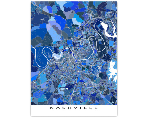 Nashville Tennessee city map print with a blue geometric design by Maps As Art.
