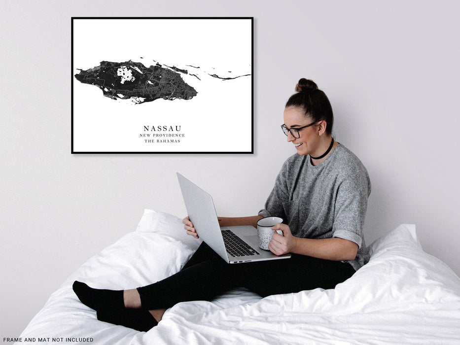 Nassau, New Providence island, The Bahamas map print with a black and white design by Maps As Art.