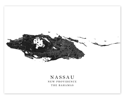 Nassau, New Providence island, The Bahamas map print with a black and white design by Maps As Art.