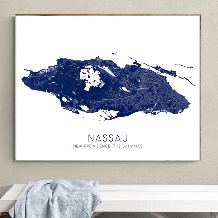 Framed map of Nassau, New Providence, The Bahamas on a wall.