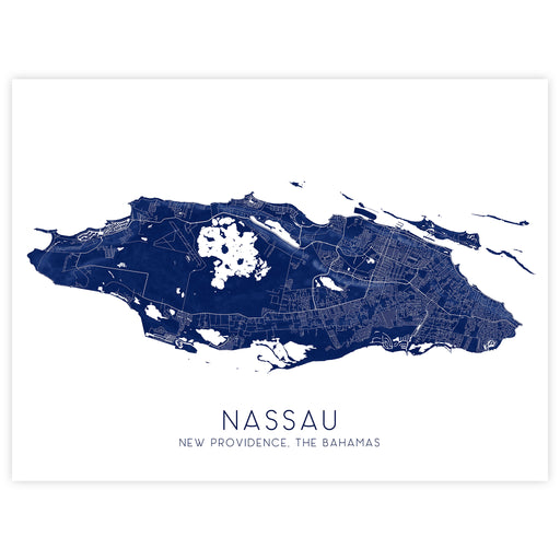 Map of Nassau, New Providence, The Bahamas in blue on a white background