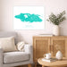 Living room with a map of Nassau, Bahamas on the wall above a sofa.
