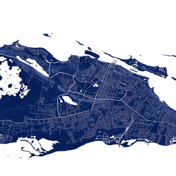 Map of a coastal area with roads and water bodies in blue on a white background
