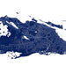 Map of a coastal area with roads and water bodies in blue on a white background
