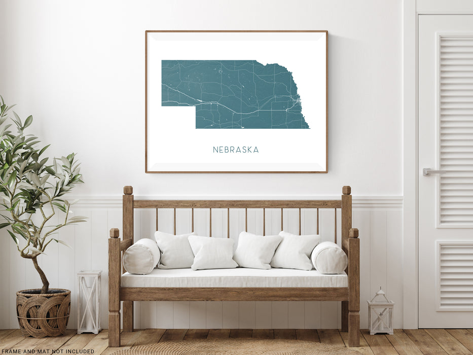 Nebraska state map print with a 3D topographic landscape design by Maps As Art.
