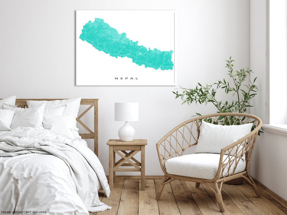 Nepal map print with natural landscape and main roads designed by Maps As Art.