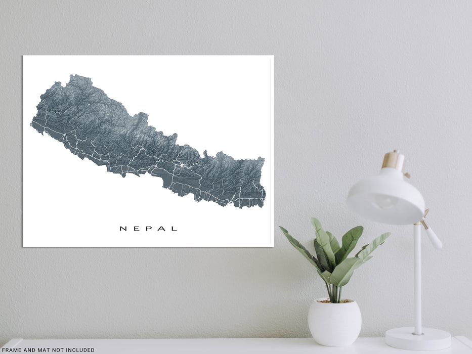 Nepal map print with natural landscape and main roads designed by Maps As Art.
