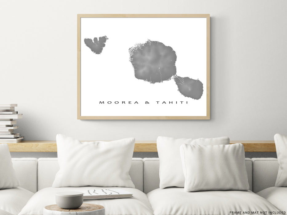 Tahiti and Moorea map print with natural landscape and main island roads designed by Maps As Art.