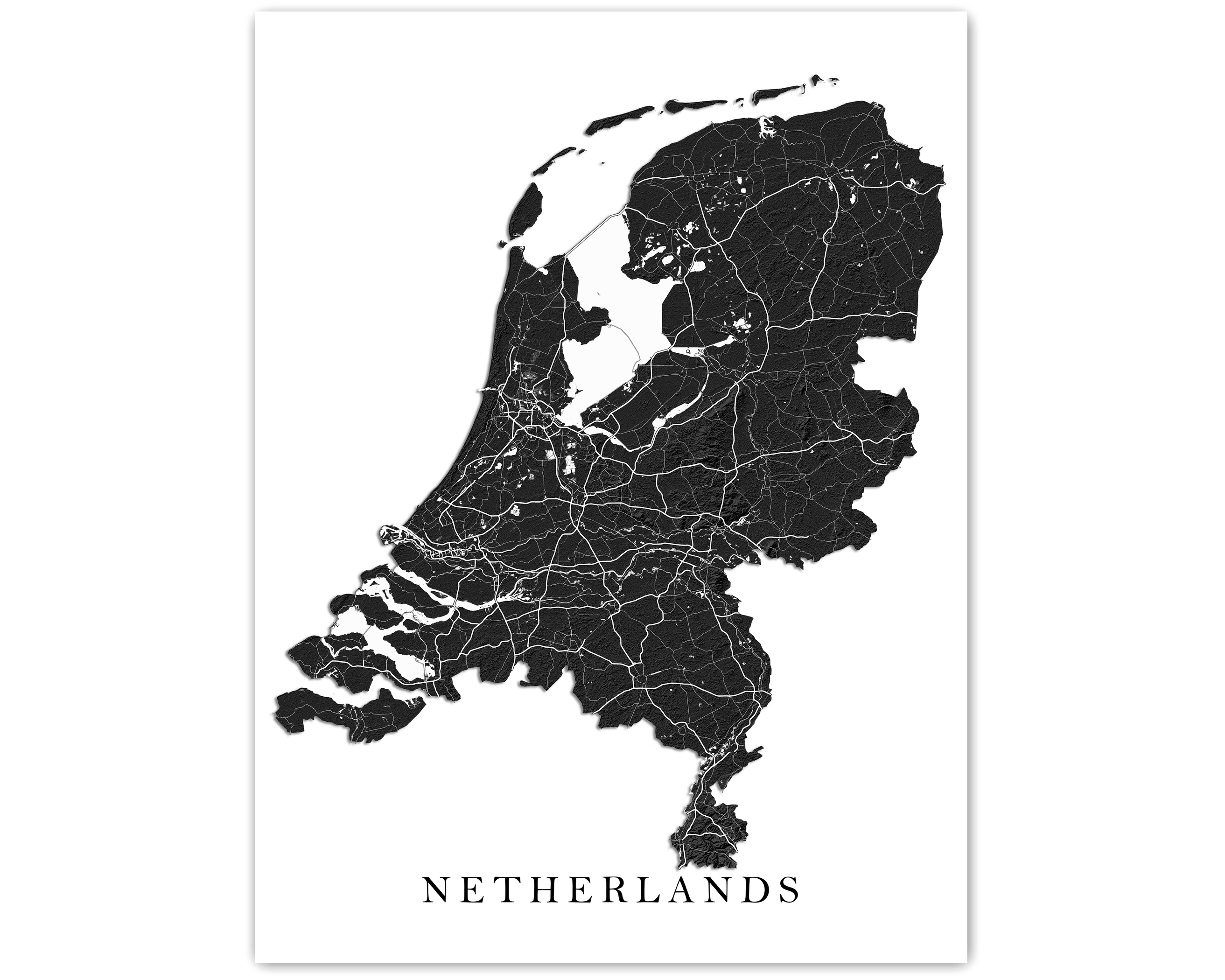 Netherlands Topographic Map Print Poster, Black and White Wall Art Hol ...