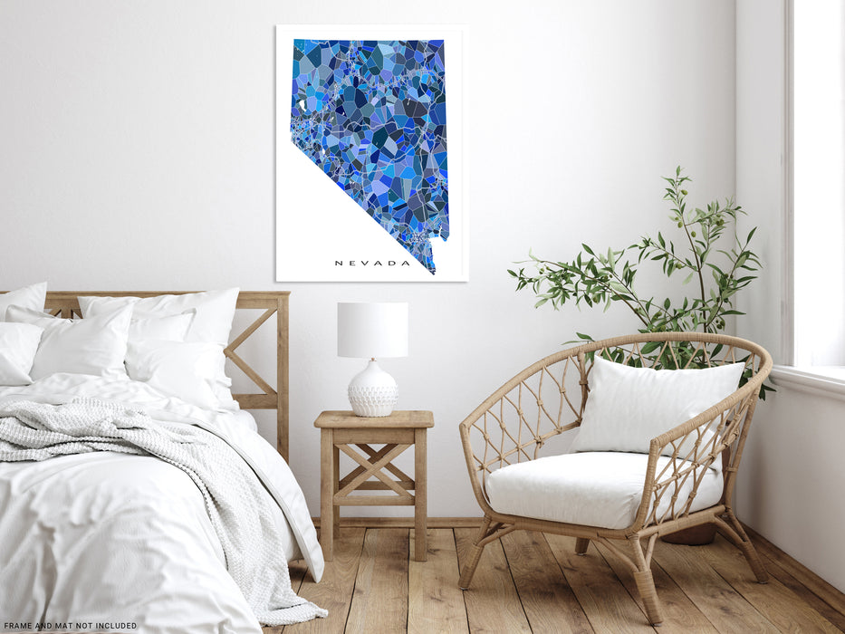 Nevada state map art print in blue shapes designed by Maps As Art.