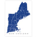 Map of New England in blue on a white background