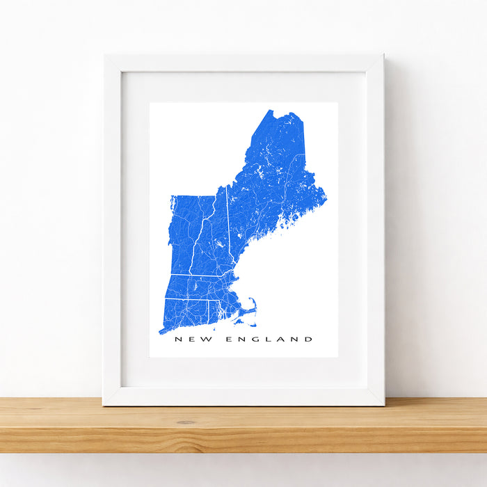 Framed map of New England on a white wall