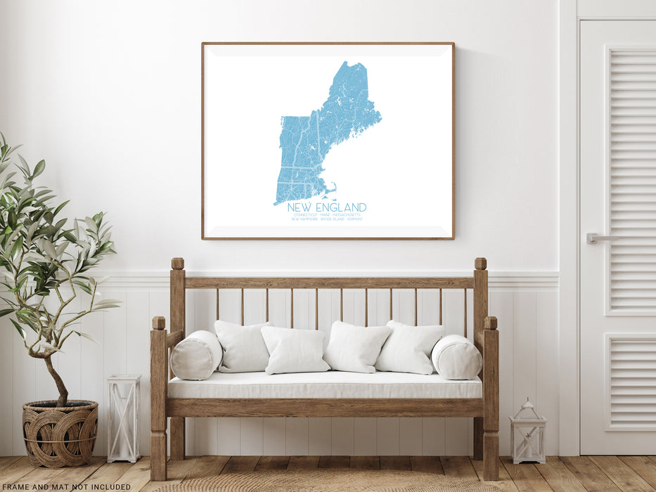 New England map print with a topographic landscape design by Maps As Art.