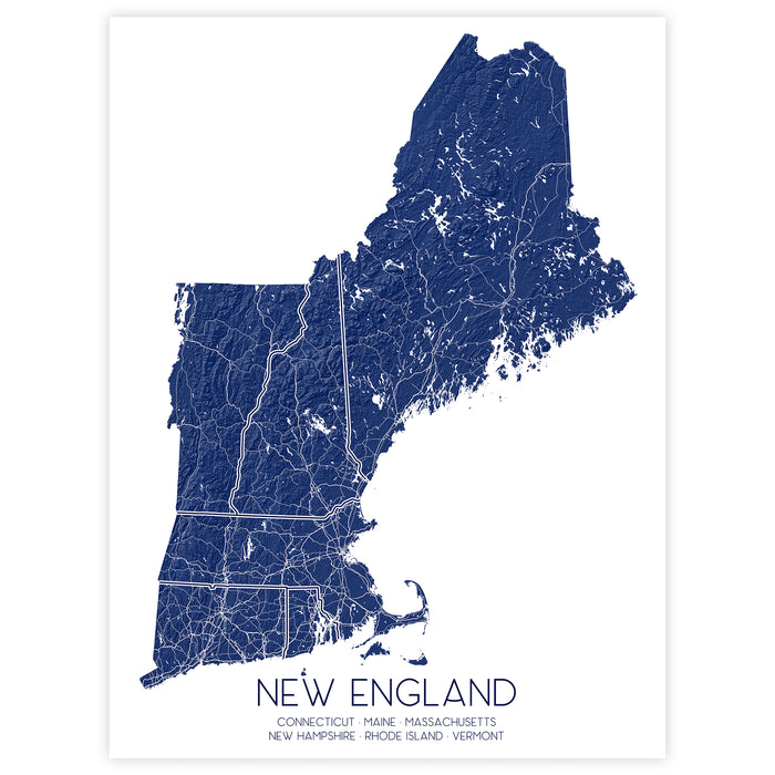 Map of New England region in blue on a white background