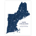 A minimalist map print of New England, featuring a dark navy blue shaded topographic map of the region on a white background, with the text 'NEW ENGLAND' and placeholder text 'YOUR TEXT HERE - YOUR TEXT HERE'.