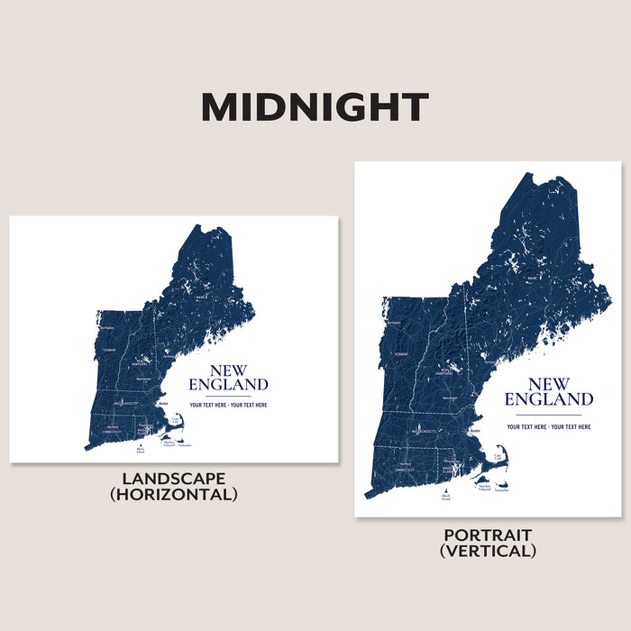 Two New England state map art prints in Midnight blue and white, shown in landscape and vertical orientations on a beige background with the heading 'MIDNIGHT'.