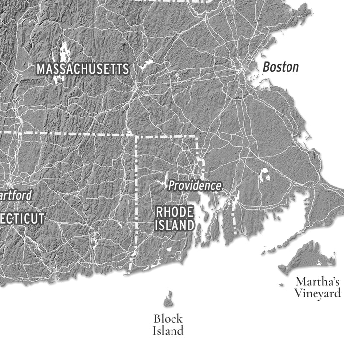 A grayscale topographic map of eastern Massachusetts, Rhode Island, and Connecticut, with labeled cities including Boston, Providence, Hartford, and Martha's Vineyard.